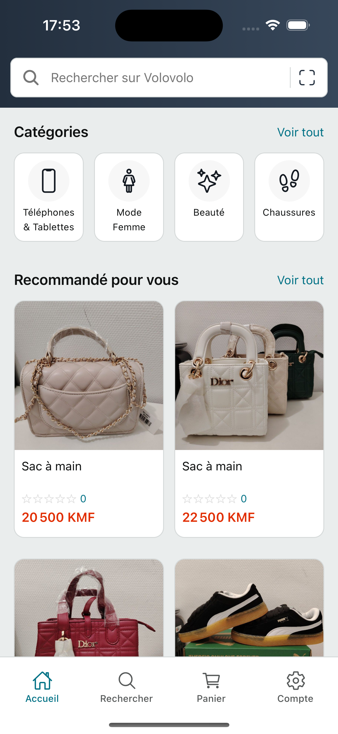 Application mobile VoloVolo — parcourir le catalogue